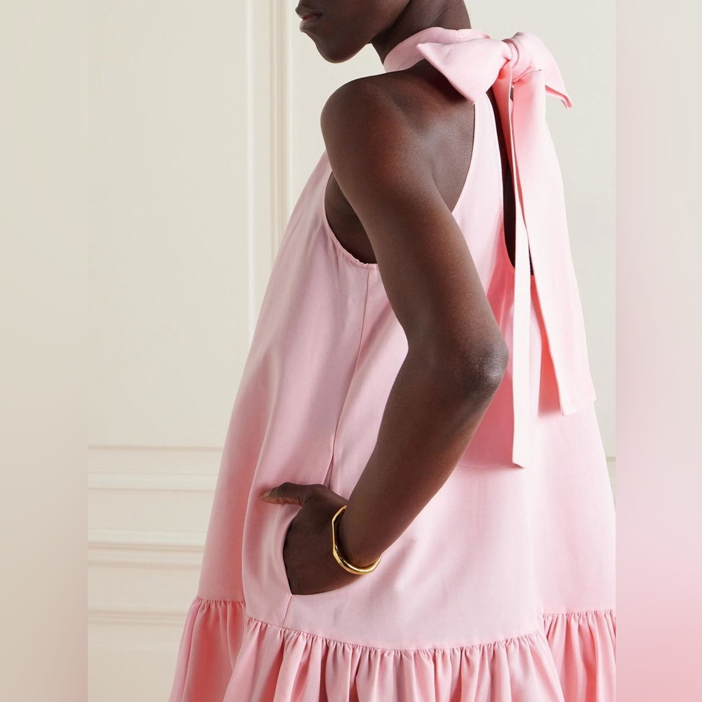 STAUD Marlowe Tiered Poplin Maxi Dress Size S Pearl Pink Bow-Back - Picture 3 of 16